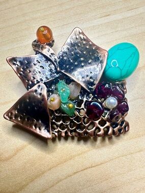 Artisan Copper Color Multi-Stone Brooch